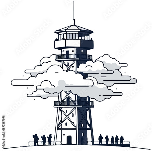 Monochrome pixel art of a tall observation tower partially obscured by clouds, with small figures below