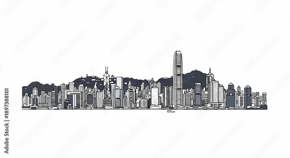 Obraz premium Minimalist line art cityscape panorama with tall buildings, mountains, and a subtle waterfront on white background