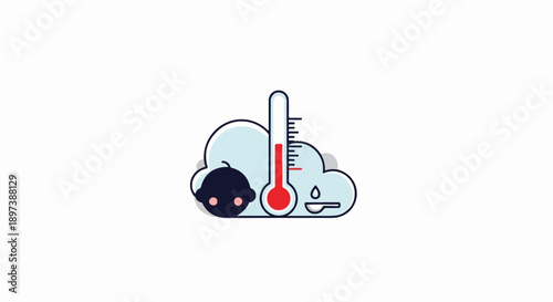 Cartoon showing baby with fever, thermometer, medicine spoon, and cloud icon representing sickness