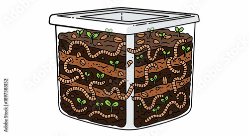 Illustration of a clear container showing layers of soil, many worms, and small green sprouts