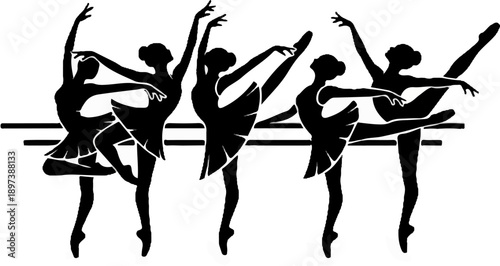 Five black ballerina silhouettes practice various ballet poses at a barre, showcasing grace and elegance