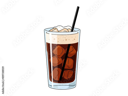 Illustration of a cold iced coffee drink in a tall glass with ice cubes and a straw