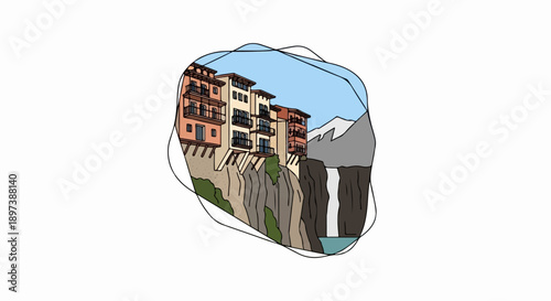 Illustration of colorful cliffside buildings with balconies, overlooking a waterfall and snow-capped mountains