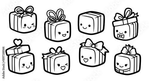 Cute Kawaii Gift Boxes with Happy Faces and Ribbons.