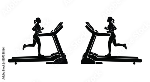 Two silhouettes of women running on treadmills fitness and exercise