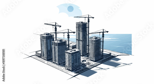 Isometric illustration of a city under construction with multiple high-rise buildings and cranes, featuring a blue sky/water element