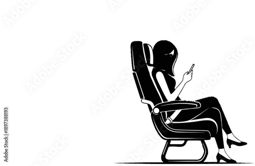 Minimalist black and white illustration of a woman seated, using a smartphone, against a plain background