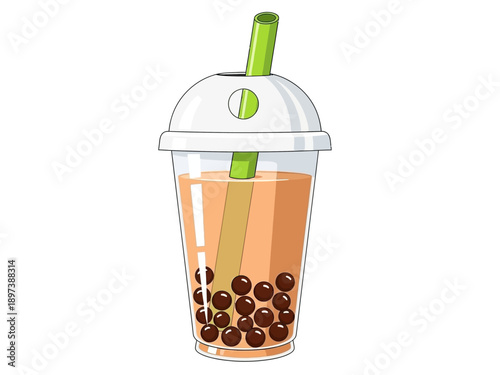 Bubble tea in a clear plastic cup with a green straw and lid on a white background