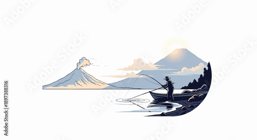 Pixel art of a person fishing from a boat on a lake, with mountains and a smoking volcano under a soft sun