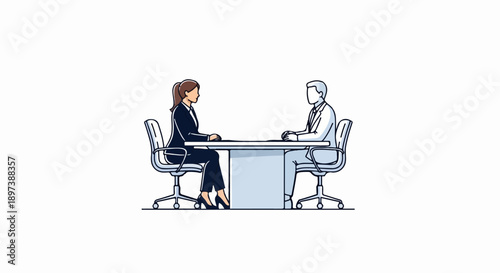 Illustration of a woman and a faceless man sitting at a desk, facing each other in an office setting