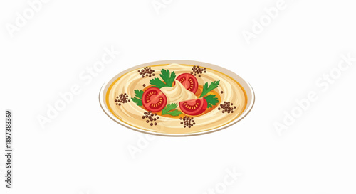 Illustrative plate of creamy dip garnished with sliced tomatoes, green herbs, and dark brown spices