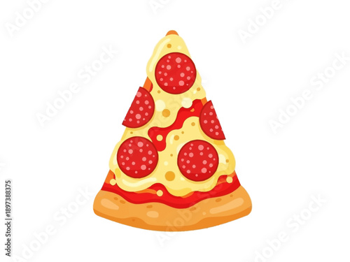 A triangular slice of pizza with pepperoni and cheese on a white background viewed from the side