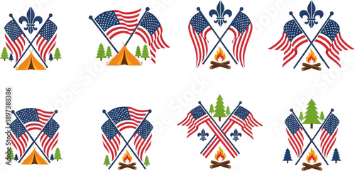 Eight patriotic American flag emblems with tents, campfires, trees, and fleur-de-lis on white background