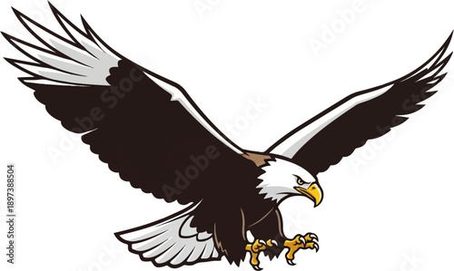 Stylized bald eagle illustration in attack pose, wings spread wide, talons extended, fierce expression