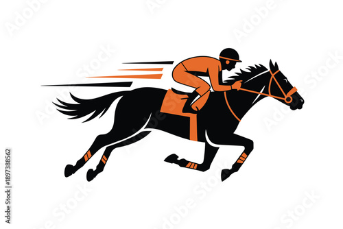 A dynamic illustration of a jockey riding a galloping black horse in orange