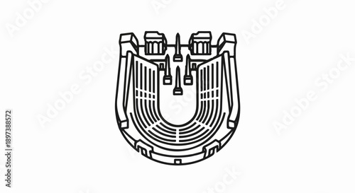 Black outline icon depicting an abstract U-shaped stadium or arena with rows of seats and architectural elements