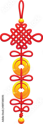 Chinese lucky knot pendant, vector gift for China Lunar New Year celebration. Symbol of luck and endless, traditional Asian trinket with gold coins. Isolated cartoon Lucky charm Asian fortune amulet