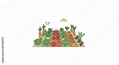 An illustration of a vibrant garden with neat rows of various growing vegetables under a setting sun