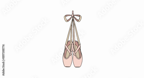 Illustration of two pink ballet pointe shoes hanging from their tied ribbons on a white background