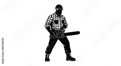 Silhouette of a lumberjack holding a chainsaw presented in black and white