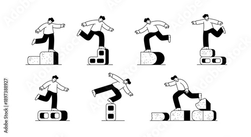 Man Balancing on Blocks Collection Diverse Poses.