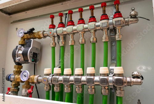 Konstfotografi Modern underfloor heating manifold system with pipes, valves, and flowmeters