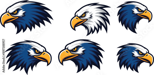 Fierce eagle mascot logo vector set featuring aggressive bald eagle head symbols for sports teams gaming clans and athletic branding
