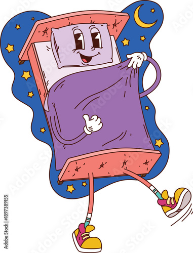 Groovy bed, home furniture cartoon funny character with pillow funky face, vector emoji. Groovy bed character with silly smile and cool thumb up gesture for sleeping and good night bedtime emoticon