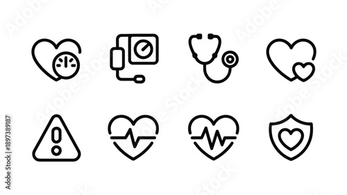 Line art icons depicting medical equipment hearts and health safety symbols