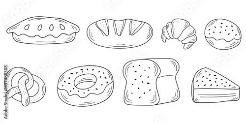 Hand-drawn doodle set of bakery items on a white background. Pie, loaf, croissant, cookie, pretzel, donut, bread, cake.