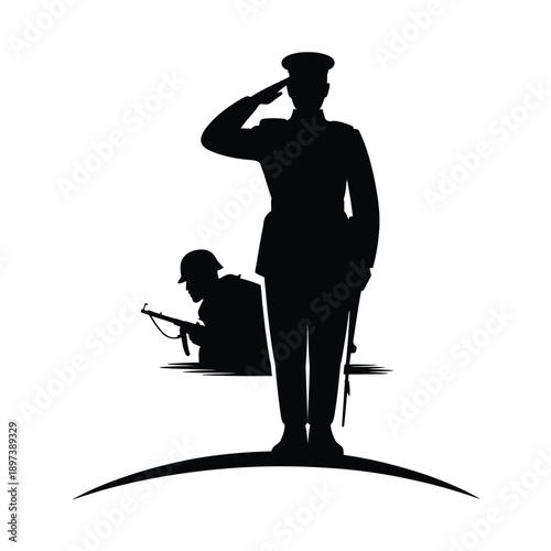 Silhouette of a saluting soldier with another figure in the background