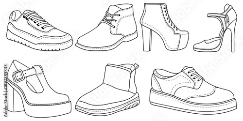 Hand-drawn doodle set of men's and women's shoes on a white background. Shoe, sneaker, boot.