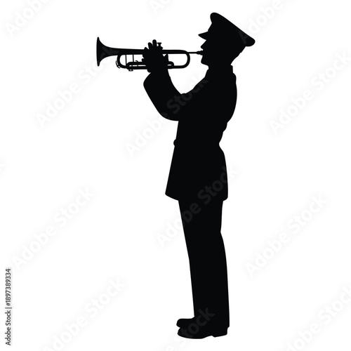 Silhouette of a musician in uniform playing a brass trumpet instrument