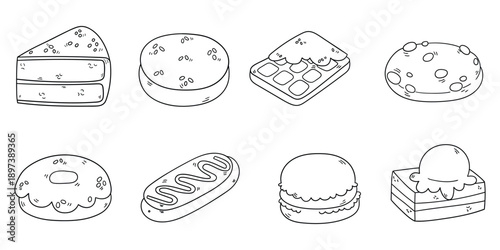 Hand-drawn doodle set of sweet desserts on a white background. Cake, slice, cookie, waffle, donut, pie.