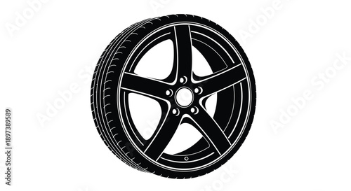 Black and white illustration of a car wheel with detailed tire treads