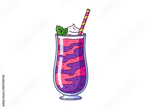 A vibrant illustration of a milkshake in a tall glass with whipped cream and a straw viewed from the side