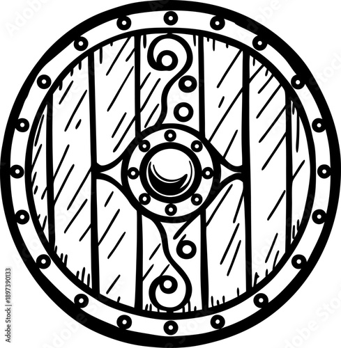Viking round wooden shield with iron boss and decorative iron bands and rivets
