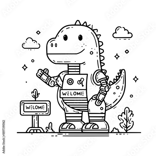Friendly robot dinosaur holding welcome sign in garden with clouds and plants