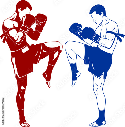 muaythai fight, silhouette, flat design, isolated on white.