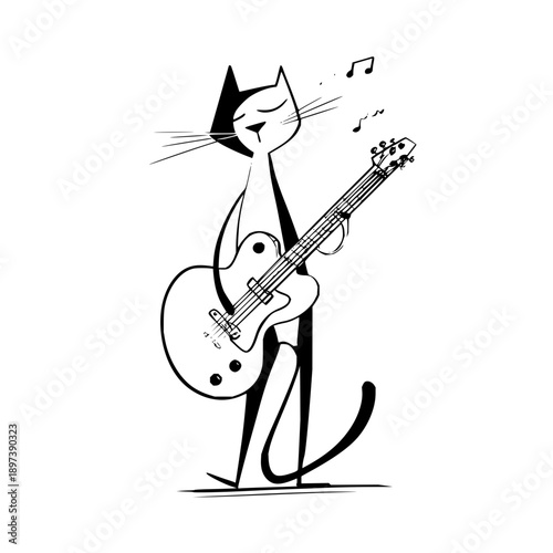 Cartoon cat playing electric guitar and singing with musical notes around black and white illustration