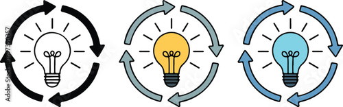 Creative idea generation process light bulb icon set with revolving arrows showing continuous development