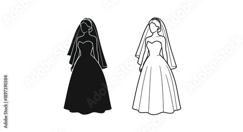 Two brides in wedding dresses one black and one white facing each other