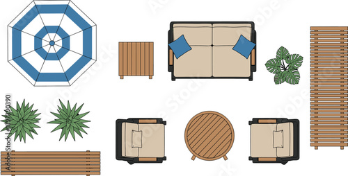 Elegant outdoor patio garden layout with modern furniture, striped umbrella, lounge chairs, potted plants, and cozy seating arrangement for stylish backyard relaxation and design inspiration