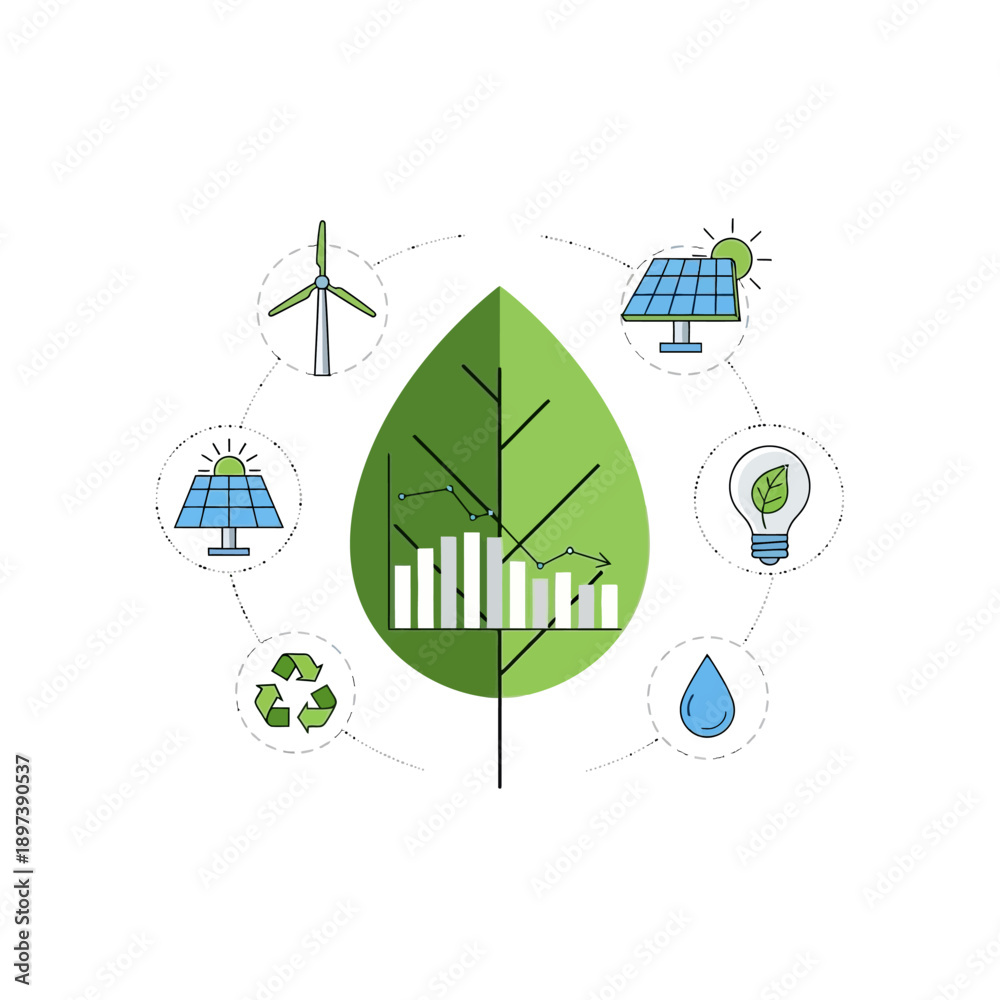 Obraz premium Green leaf with renewable energy icons and growth chart.