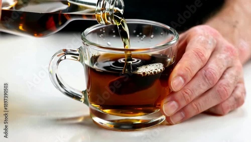 Pouring Dark Liquid into a Glass Mug.