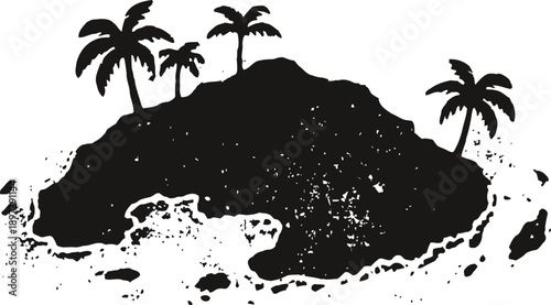 Silhouette of tropical island with palm trees, sand, and rocks against white background