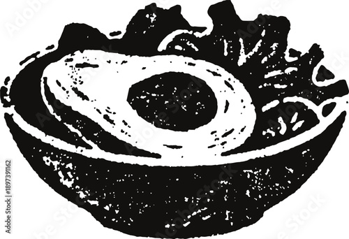 Vintage illustration of a halved avocado in a bowl with leafy greens