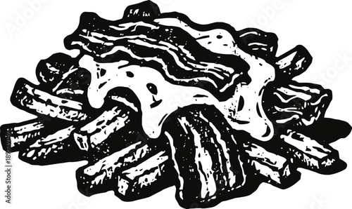 Classic canadian poutine with crispy fries, savory gravy, and melted cheese curds topped with bacon strips