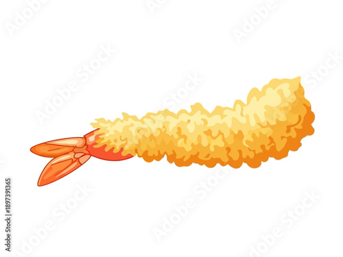 A crispy shrimp tempura on a white background viewed from the side