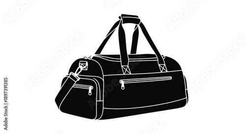 Black and white illustration of a duffel bag with handles and zipper